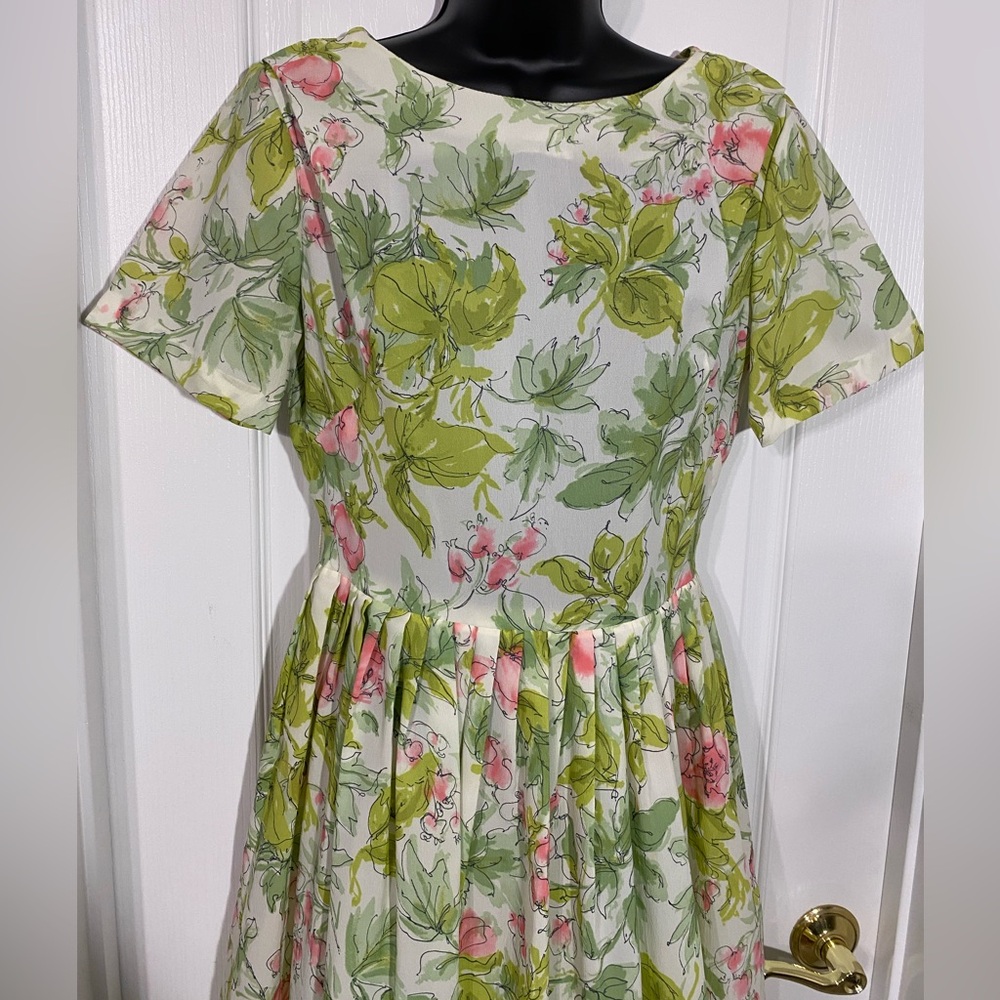 60s Styled by Fran Classic Floral Pleated Midi Day Dress Vintage Green Pink 14 - Picture 3 of 10